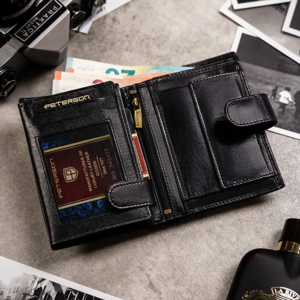 Portfel, etui na karty i brelok z czarnej skóry naturalnej Peterson