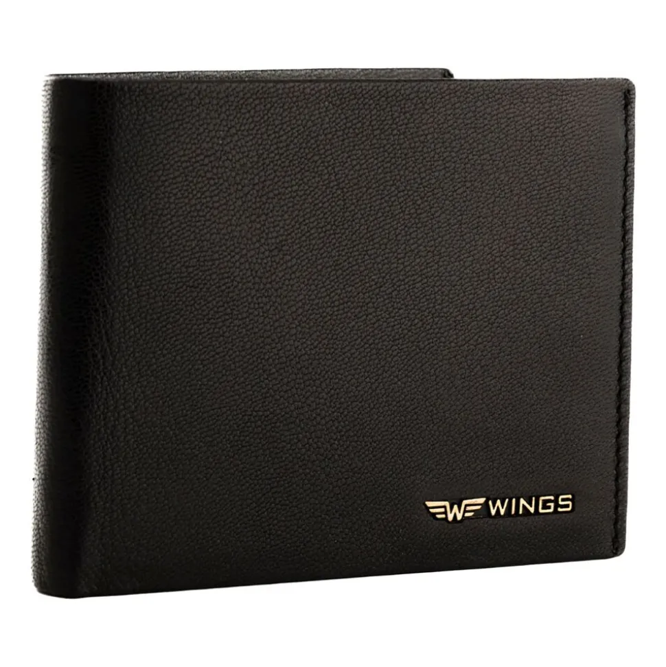 Portfel męski ze skóry koziej Wings, 11 x 13 x 2 cm, RFID, z kieszenią na monety, czarny