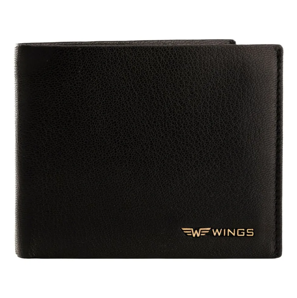 Portfel męski ze skóry koziej Wings, 11 x 13 x 2 cm, RFID, z kieszenią na monety, czarny