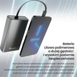 Powerbank Extralink EPB-126, 20000 mAh, 45 W, srebrny