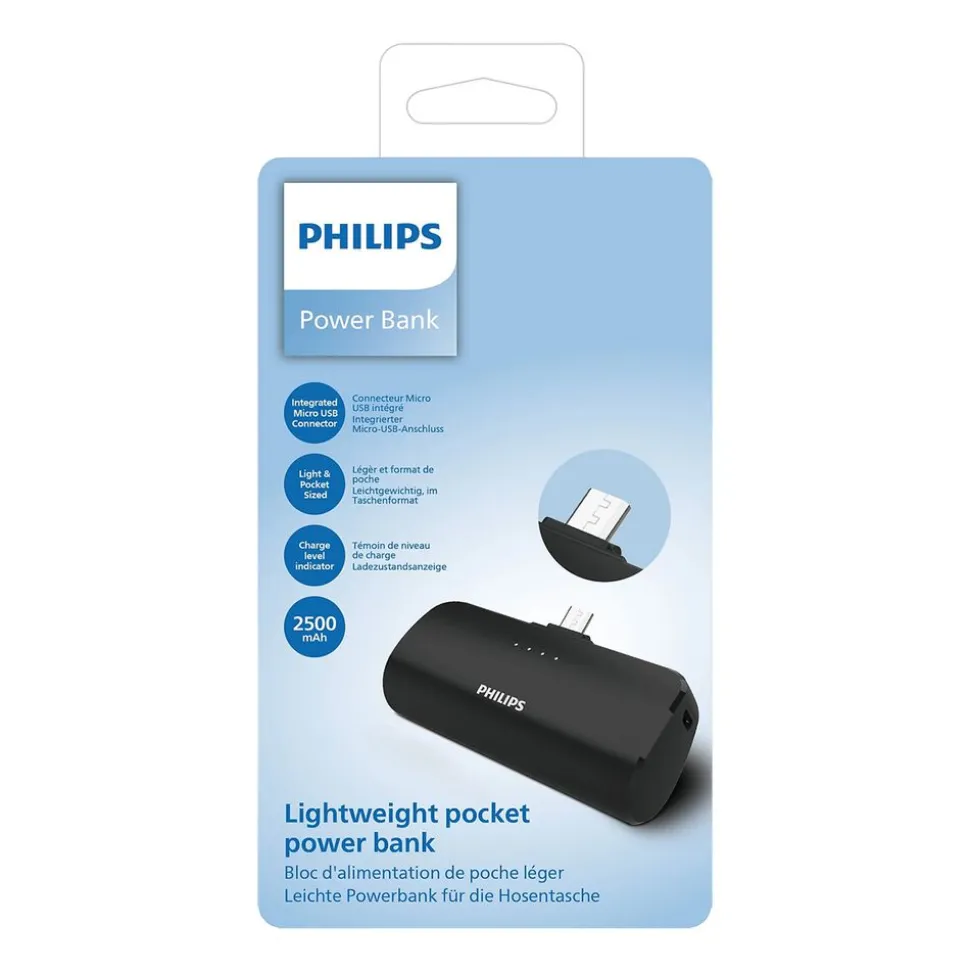 Powerbank Philips DLP2510U/00, micro-USB, 2500 mAh, 10 W, czarny