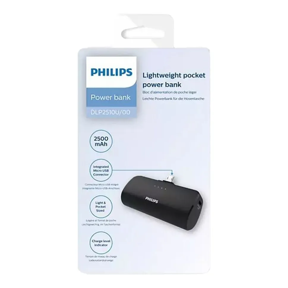 Powerbank Philips DLP2510U/00, micro-USB, 2500 mAh, 10 W, czarny
