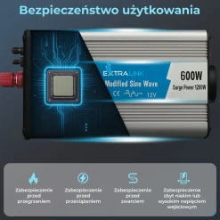 Przetwornica Extralink OPIM-600W, 600 W, modyfikowany sinus, moc szczytowa 1200 W
