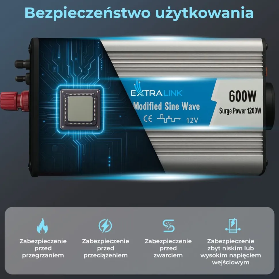 Przetwornica Extralink OPIM-600W, 600 W, modyfikowany sinus, moc szczytowa 1200 W