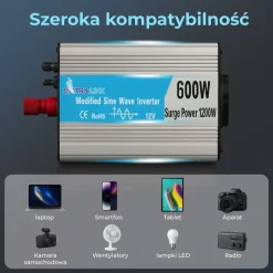 Przetwornica Extralink OPIM-600W, 600 W, modyfikowany sinus, moc szczytowa 1200 W