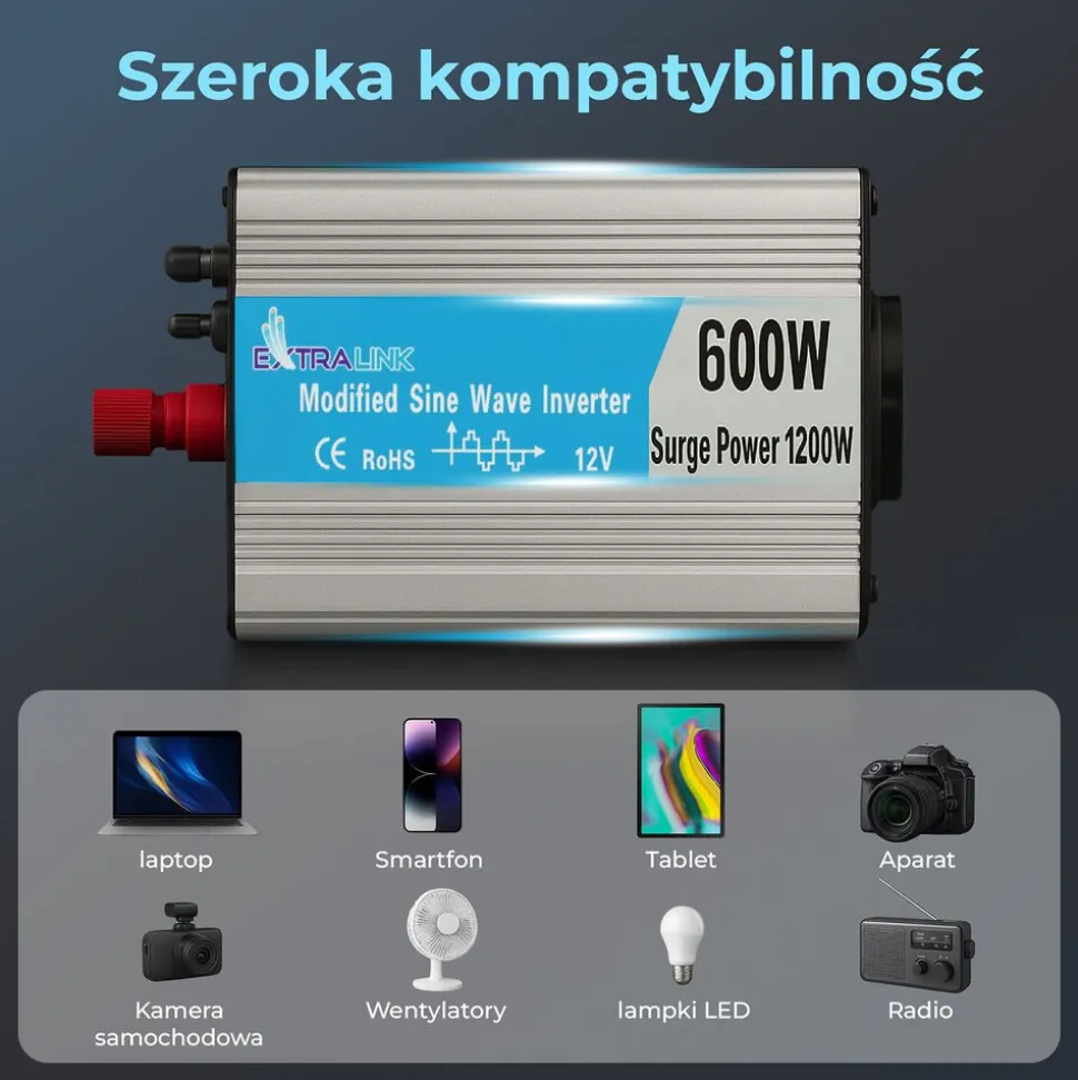 Przetwornica Extralink OPIM-600W, 600 W, modyfikowany sinus, moc szczytowa 1200 W