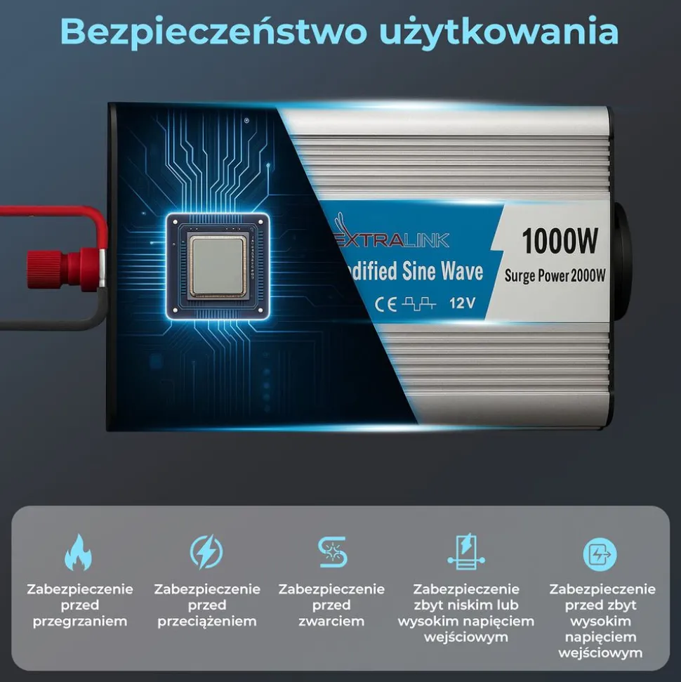 Przetwornica Extralink OPIM-1000W, 1000 W, modyfikowany sinus, moc szczytowa 2000 W