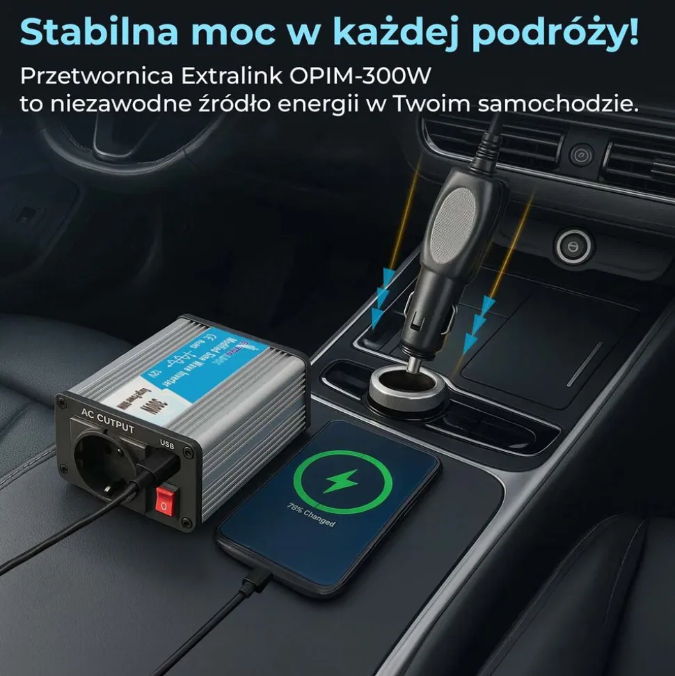 Przetwornica Extralink OPIM-300W, 300 W, modyfikowany sinus, moc szczytowa 600 W