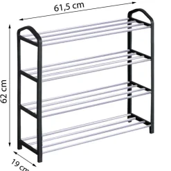 Regał na buty Smukee 62 x 20 x 62 cm, 4 półki, metalowy, czarny, srebrny