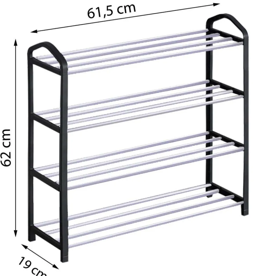Regał na buty Smukee 62 x 20 x 62 cm, 4 półki, metalowy, czarny, srebrny