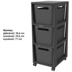 Regał składany na kółkach Brisen Rotho, 3 szuflady, czarny