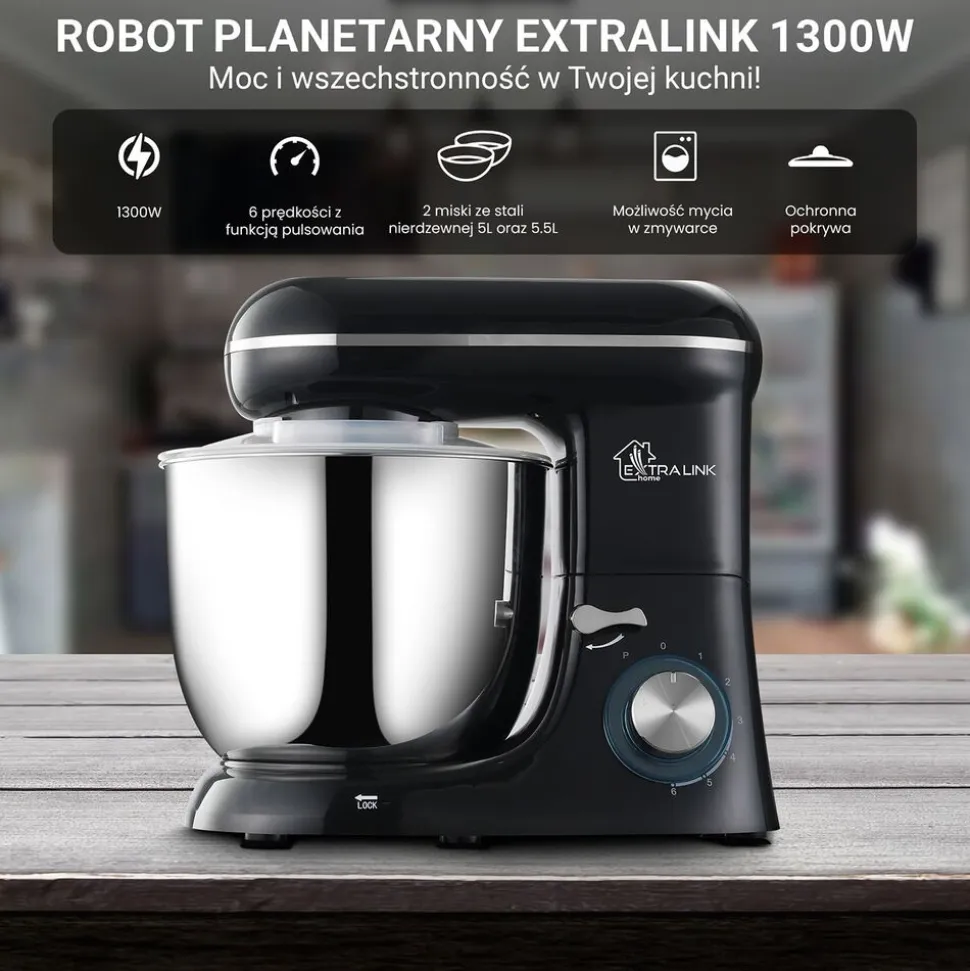 Robot planetarny Extralink, 1300 W, 2 misy 5 l i 5,5 l, czarny