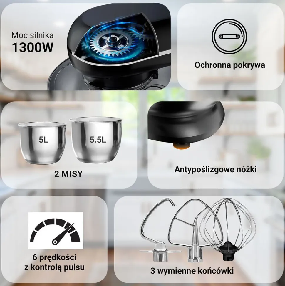 Robot planetarny Extralink, 1300 W, 2 misy 5 l i 5,5 l, czarny