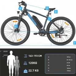 Rower elektryczny MTB Ancheer, 27,5”, czarny z niebieskimi elementami