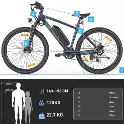 Rower elektryczny MTB Ancheer, 27,5”, czarny z zielonymi elementami