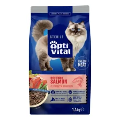Sucha karma dla sterylizowanych kotów OptiVital Fresh Meat Steril, z łososiem, 4 x 1,4 kg