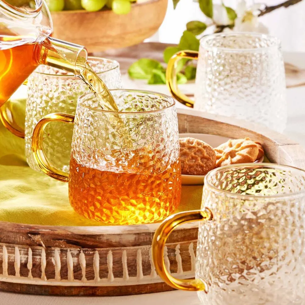 Szklanki żłobione MG Home Deco, 4 sztuki, 350 ml, z musztardowym uchem