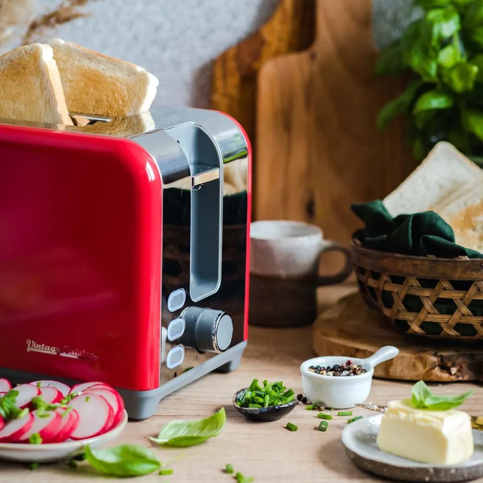 Toster Vintage Cuisine, 780-930 W, z funkcją rozmrażania, czerwony