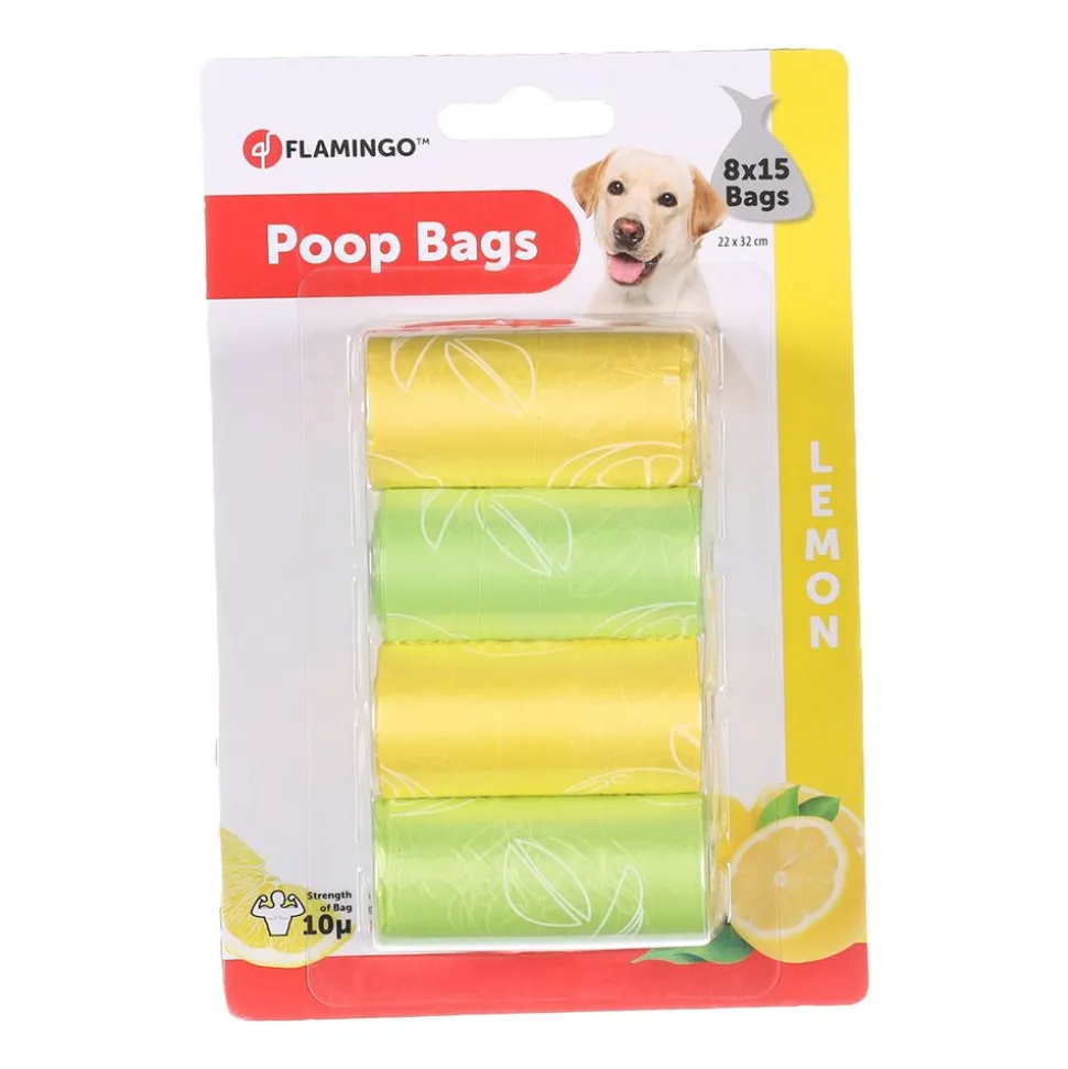 Woreczki na psie odchody Flamingo, cytrynowe, 8 rolek po 15 woreczków