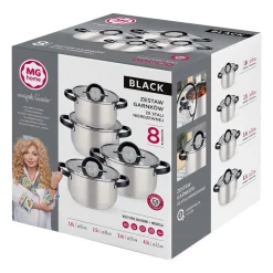 Zestaw garnków MG Home Black, 8 elementów, stal nierdzewna