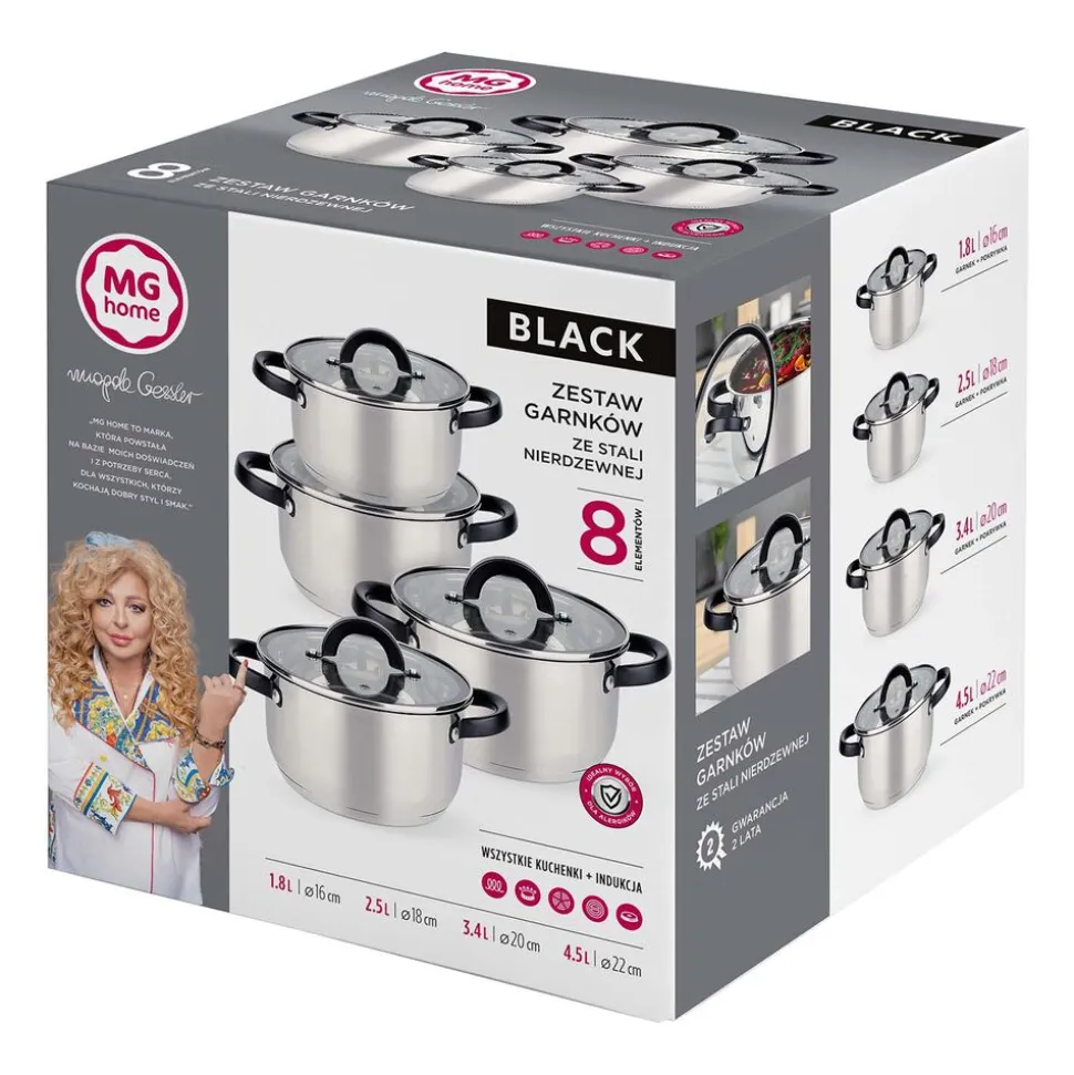 Zestaw garnków MG Home Black, 8 elementów, stal nierdzewna