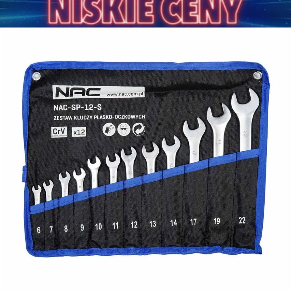 Zestaw kluczy płasko-oczkowych NAC, 12 elementów, w etui