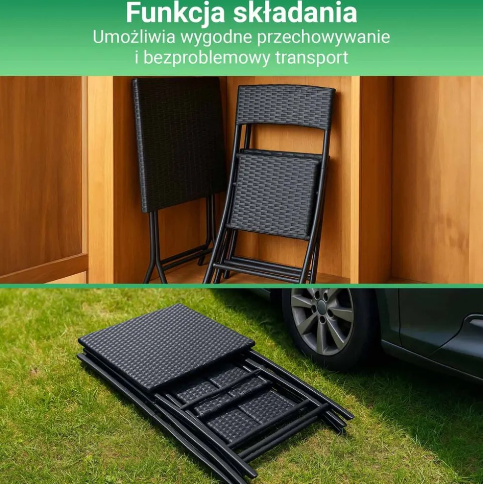 Zestaw mebli balkonowych Black Forest, stolik, 2 krzesła, składane, czarny