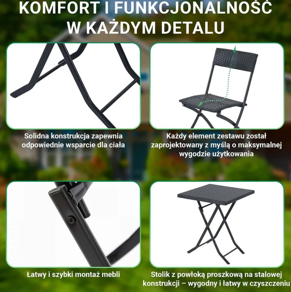 Zestaw mebli balkonowych Black Forest, stolik, 2 krzesła, składane, czarny