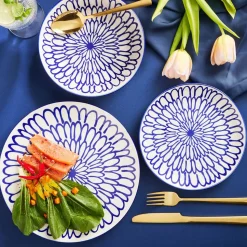 Zestaw obiadowy z porcelany na 6 osób MG Home Fiori, 18 elementów, biało-niebieski
