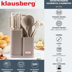 Zestaw przyborów kuchennych Klausberg, 12 elementów, z nożami i deską, beżowe