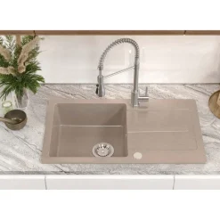 Zlewozmywak granitowy jednokomorowy z ociekaczem beżowy Root Chef Long, 770 x 440 x 175 mm