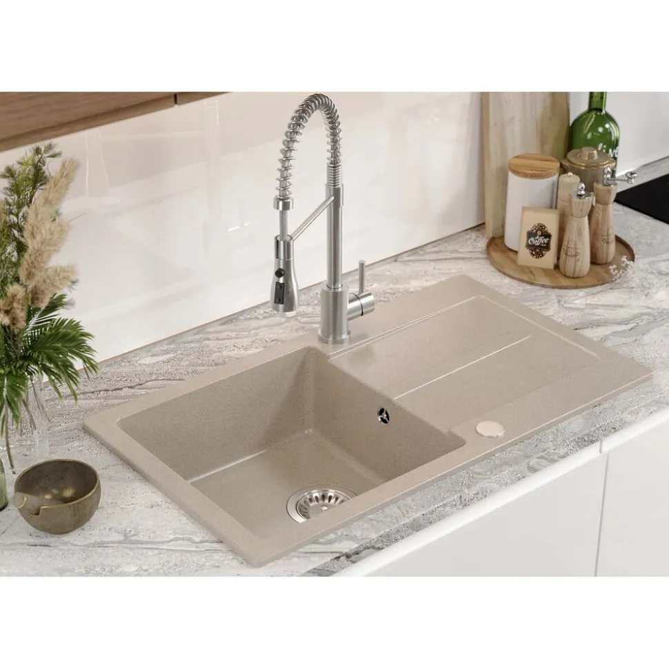 Zlewozmywak granitowy jednokomorowy z ociekaczem beżowy Root Chef Long, 770 x 440 x 175 mm