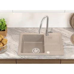 Zlewozmywak granitowy jednokomorowy z ociekaczem beżowy Root Chef Short, 620 x 440 x 175 mm