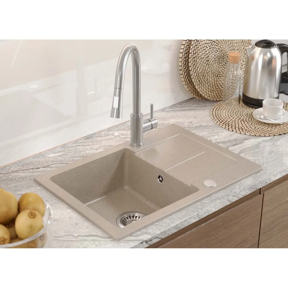 Zlewozmywak granitowy jednokomorowy z ociekaczem beżowy Root Chef Short, 620 x 440 x 175 mm