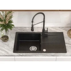 Zlewozmywak granitowy jednokomorowy z ociekaczem czarny Root Chef Long, 770 x 440 x 175 mm