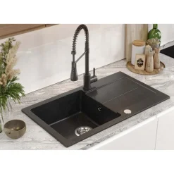 Zlewozmywak granitowy jednokomorowy z ociekaczem czarny Root Chef Long, 770 x 440 x 175 mm