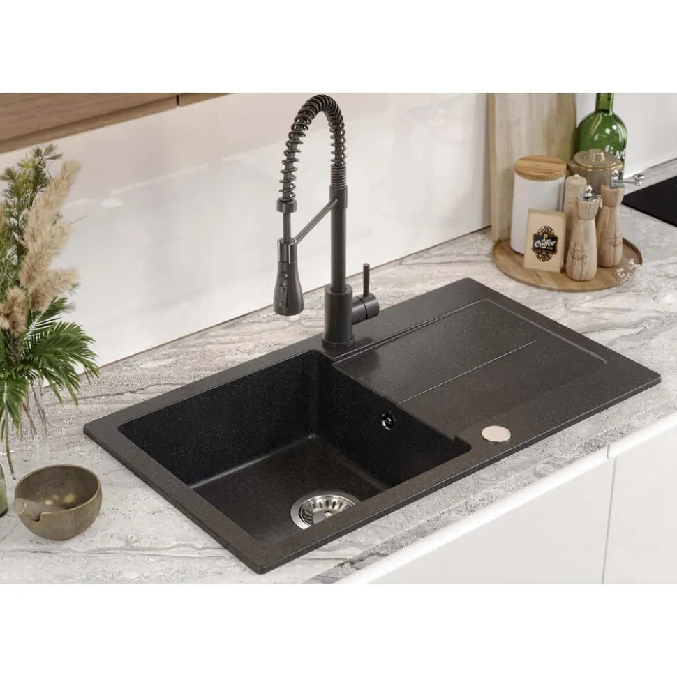 Zlewozmywak granitowy jednokomorowy z ociekaczem czarny Root Chef Long, 770 x 440 x 175 mm