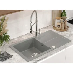 Zlewozmywak granitowy jednokomorowy z ociekaczem szary Root Chef Long, 770 x 440 x 175 mm