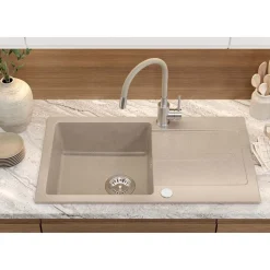 Zlewozmywak granitowy LONG, z baterią GUM, beżowy, 770 x 440 x 175 mm