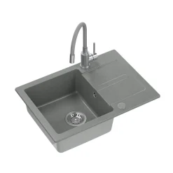 Zlewozmywak granitowy SHORT, z baterią GUM, szary, 620 x 440 x 175 mm