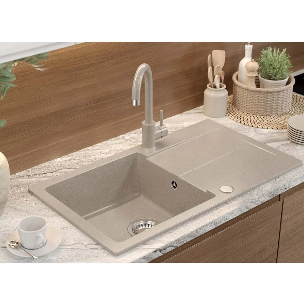 Zlewozmywak jednokomorowy z baterią, granitowy, beżowy, Root Chef & Basic Long, 770 x 440 x 175 mm