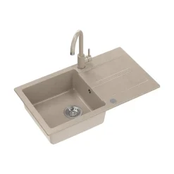Zlewozmywak jednokomorowy z baterią, granitowy, beżowy, Root Chef & Basic Long, 770 x 440 x 175 mm
