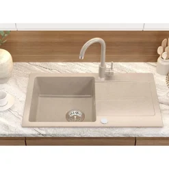 Zlewozmywak jednokomorowy z baterią, granitowy, beżowy, Root Chef & Basic Long, 770 x 440 x 175 mm