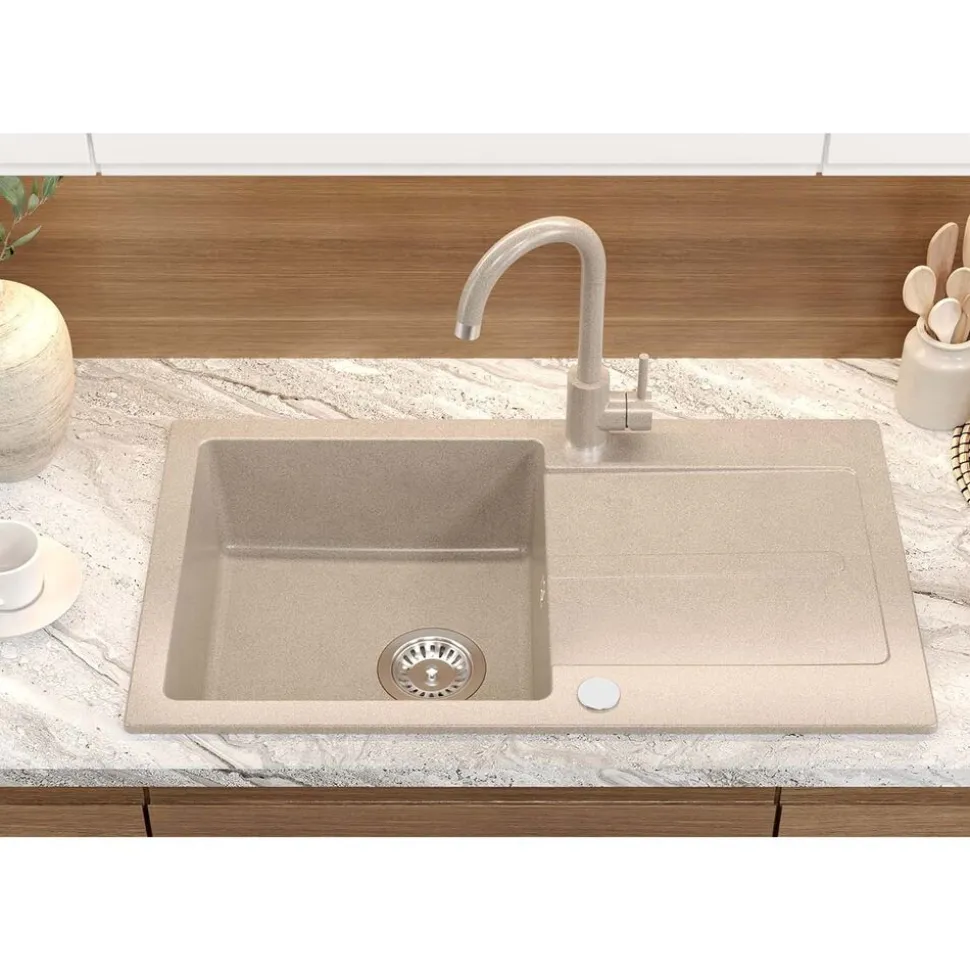 Zlewozmywak jednokomorowy z baterią, granitowy, beżowy, Root Chef & Basic Long, 770 x 440 x 175 mm