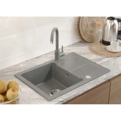 Zlewozmywak jednokomorowy z baterią, granitowy, szary, Root Chef & Basic Short, 620 x 440 x 175 mm