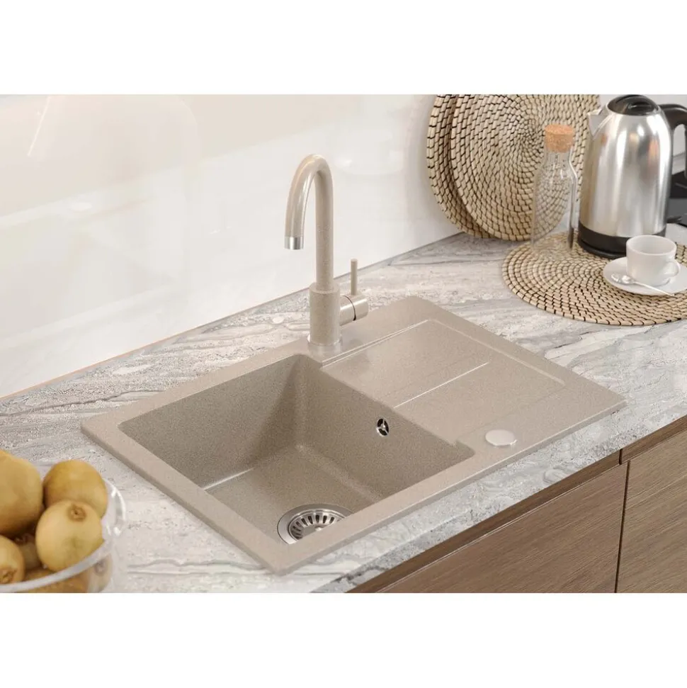 Zlewozmywak jednokomorowy z baterią, granitowy, beżowy, Root Chef & Basic Short, 620 x 440 x 175 mm