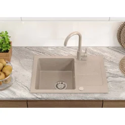 Zlewozmywak jednokomorowy z baterią, granitowy, beżowy, Root Chef & Basic Short, 620 x 440 x 175 mm