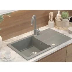 Zlewozmywak jednokomorowy z baterią, granitowy, szary, Root Chef & Basic Long, 770 x 440 x 175 mm