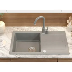 Zlewozmywak jednokomorowy z baterią, granitowy, szary, Root Chef & Basic Long, 770 x 440 x 175 mm